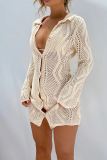 Knit Casual Turndown Collar Long Sleeves Hollow Out Buttons Cardigan Vacation Mini Dress