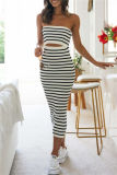 Sexy Striped Print Backless Strapless Sleeveless Hollow Out Vacation Tube Bodycon Midi Dresses