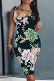 Casual Pattern Print U Neck Sleeveless Vest Bodycon Midi Tank Dresses