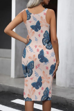 Casual Butterfly Print U Neck Sleeveless Contrast Bodycon Midi Tank Dresses