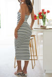 Sexy Striped Print Backless Strapless Sleeveless Hollow Out Vacation Tube Bodycon Midi Dresses