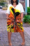 Casual African Graphic Print V Neck Short Sleeve Loose Plus Size Vacation T Shirt Midi Dress