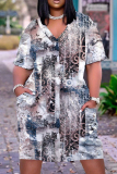 Casual Pattern Print V Neck Short Sleeve Loose Pockets Midi T-shirts Dress