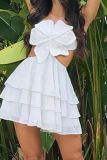 Flower Shape Backless Sleeveless Lace Up Cut Out Ruffle Tiered Hem Cake Skirt Party Halter Mini Dresses