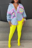 Casual Smiley Face Print Turndown Collar Long Sleeve Pockets Denim Jacket (Subject To The Actual Object)