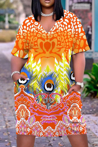 Casual Graphics Print Basic V Neck Short Sleeve Pockets Loose Midi T-shirt Dress