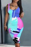 Casual Pattern Print U Neck Sleeveless Vest Bodycon Midi Tank Dresses