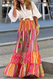 Street Rainbow Color Geometric Print Turndown Collar Short Sleeve Front Tie Shirt And Layered Ruffle Maxi Skirts Two Pieces Dress Sets