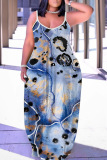 Sexy Pattern Print Backless Spaghetti Strap Loose Floor Length Long Slip Maxi Dresses