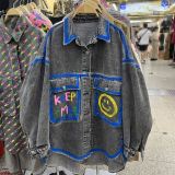 Casual Smiley Face Print Turndown Collar Long Sleeve Pockets Denim Jacket (Subject To The Actual Object)