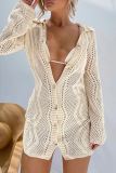 Knit Casual Turndown Collar Long Sleeves Hollow Out Buttons Cardigan Vacation Mini Dress