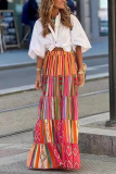 Street Rainbow Color Geometric Print Turndown Collar Short Sleeve Front Tie Shirt And Layered Ruffle Maxi Skirts Two Pieces Dress Sets