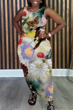 Casual Floral Print O Neck Sleeveless Long Loose Vacation Bodycon Tank Midi Dress