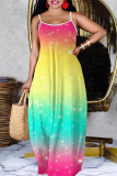 Sexy Ombre Rainbow Backless Sleeveless Spaghetti Strap Long Loose Vacation Slip Maxi Dress