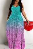 Casual Ombre Rainbow Backless Sleeveless Sequins Spaghetti Strap Long Loose Vacation Cami Shimmer Maxi Dresses