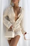 Knit Casual Turndown Collar Long Sleeves Hollow Out Buttons Cardigan Vacation Mini Dress