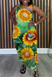 Casual Floral Print O Neck Sleeveless Long Loose Vacation Bodycon Tank Midi Dress