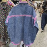 Casual Smiley Face Print Turndown Collar Long Sleeve Pockets Denim Jacket (Subject To The Actual Object)