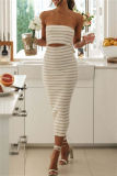 Sexy Striped Print Backless Strapless Sleeveless Hollow Out Vacation Tube Bodycon Midi Dresses