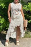 Knit Casual O Neck Sleeveless Cut Out Irregular Hem See-Through Tank Tops And Midi Skirts Two Pieces Dress Sets