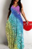 Casual Ombre Rainbow Backless Sleeveless Sequins Spaghetti Strap Long Loose Vacation Cami Shimmer Maxi Dresses