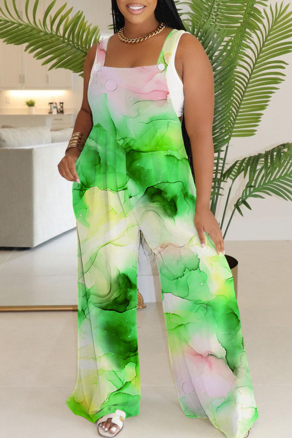 Casual Tie Dye Print Backless Square Neck Sleeveless Regular Wide Leg Overall Jumpsuits