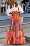 Street Rainbow Color Geometric Print Turndown Collar Short Sleeve Front Tie Shirt And Layered Ruffle Maxi Skirts Two Pieces Dress Sets