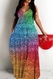 Casual Ombre Rainbow Backless Sleeveless Sequins Spaghetti Strap Long Loose Vacation Cami Shimmer Maxi Dresses