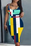 Casual Pattern Print U Neck Sleeveless Vest Bodycon Midi Tank Dresses