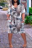 Casual Pattern Print V Neck Short Sleeve Loose Pockets Midi T-shirts Dress
