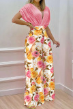 Casual Floral Print V Neck Short Sleeves Ruched Tops And Wide Leg Pants Plus Size Two Pieces Trouser Sets