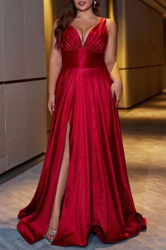 Sexy Formal Prom Backless V Neck Front Slit Cinch Waist Evening Plus Size Maxi Dresses