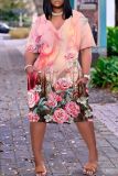 Casual Graphics Print Basic V Neck Short Sleeve Pockets Loose Midi T-shirt Dress