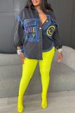 Casual Smiley Face Print Turndown Collar Long Sleeve Pockets Denim Jacket (Subject To The Actual Object)