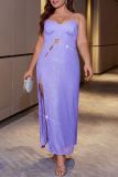 Sexy Formal Prom Sequins Backless Spaghetti Strap Cut Out Side Slit Plus Size Cocktail Evening Slip Maxi Dresses