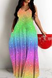 Casual Ombre Rainbow Backless Sleeveless Sequins Spaghetti Strap Long Loose Vacation Cami Shimmer Maxi Dresses