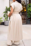 Casual Cardigan Collar Short Sleeve Buckle Pleated Longline Blazer Tops And Wide Leg Pants Office Lady Two Pieces Suit Set