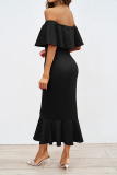 Sexy Prom Dropped Shoulder Ruffle Sleeve Cinch Waist Mermaid Hem Party Formal Bodycon Midi Dresses