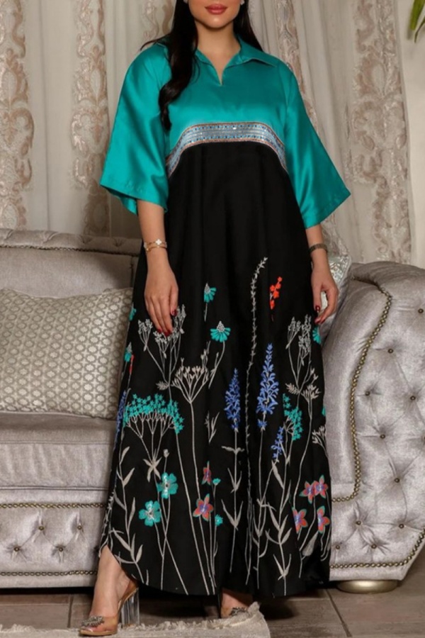 Casual Floral Print Turndown Collar Short Sleeves Long Loose Floor Length Vacation Maxi Dresses