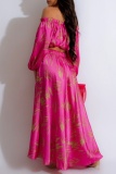 Casual Floral Print Off Shoulder  Lantern Sleeve Crop Tops And Maxi Skirts Vacation Two Pieces Dress Sets
