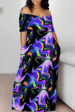 Casual Pattern Print Off Shoulder Short Sleeve Loose Floor Lengh Contrast Vacation Maxi Dresses