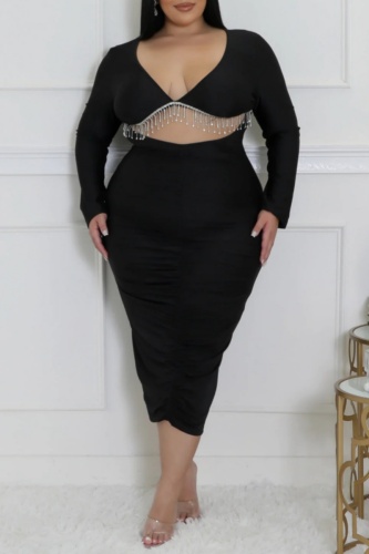 Sexy Party Formal V Neck Long Sleeve Fringed Trim Hollow Out Evening Plus Size Bodycon Midi Dresses