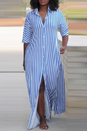 Casual Striped Print Turndown Collar Half Sleeve Buttons Front Slit Vacation A Line Maxi Shirt Dresses