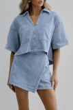 Casual Polo Collar Short Sleeves Pocket Denim Crop Tops And Irregular Hem Shorts Two Pieces Shorts Sets