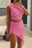 Sexy Oblique Collar Sleeveless Ruffle Trim Crop Tops And Irregular Hem Mini Skirts Two Pieces Dress Sets