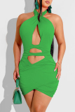 Yellow Fashion Sexy Solid Hollowed Out Backless Halter Sleeveless Dress Dresses