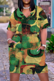 Casual Graphics Print Basic V Neck Short Sleeve Loose Pockets Midi T-shirt Dress