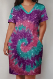 Casual Tie Dye V Neck Short Sleeves Pockect Loose Straight Plus Size T-shirt Midi Dresses