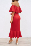 Sexy Prom Dropped Shoulder Ruffle Sleeve Cinch Waist Mermaid Hem Party Formal Bodycon Midi Dresses
