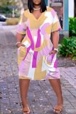 Casual Graphics Print Basic V Neck Short Sleeve Loose Pockets Midi T-shirt Dress